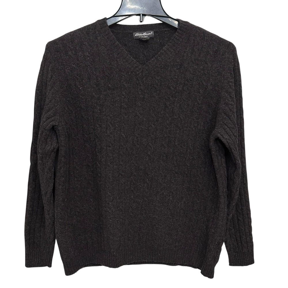 VTG Eddie Bauer Mens Lambswool Sweater XLT‎ Cableknit Crew Neck Fisherman Brown